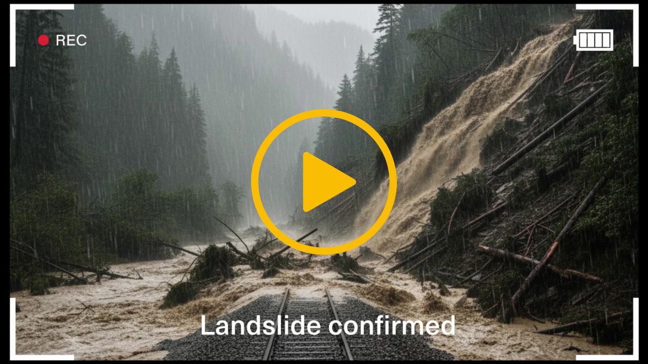 A video thumbnail with a play icon in the centre - A drone video image from a drone hovering above a railway remotely monitors a landslide / mudslide / landslip which has occurred blocking the track. 